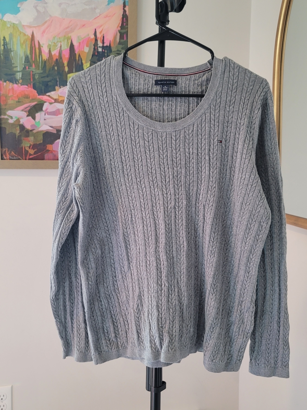 TOMMY HILFIGER Cableknit Crewneck Sweater 100% Cotton Gray Women's Size XL
